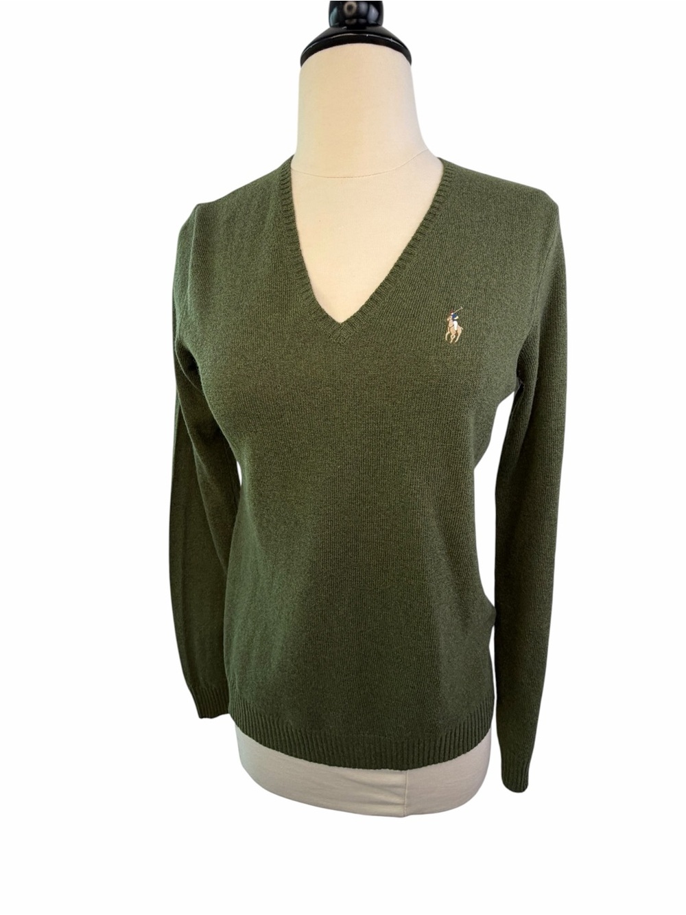 Ralph Lauren Sport Olive V-Neck Merino Wool Sweater Polo Horse Med - Picture 10 of 13